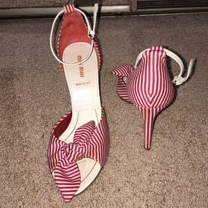 Miu Miu Red & white striped bow knot sanda…